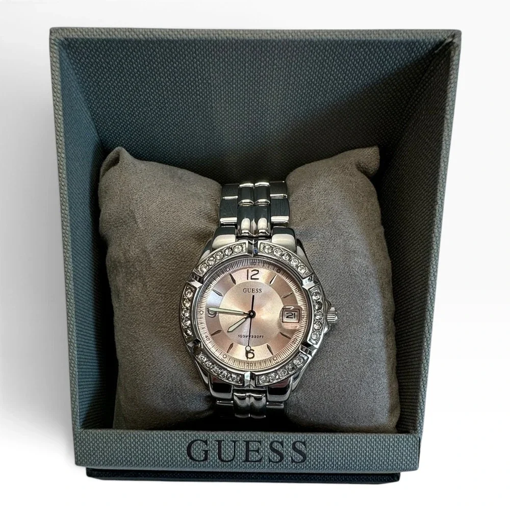 Guess Womens Watch 35mm Pink Dial Crystals Stainless G75791M New Battery